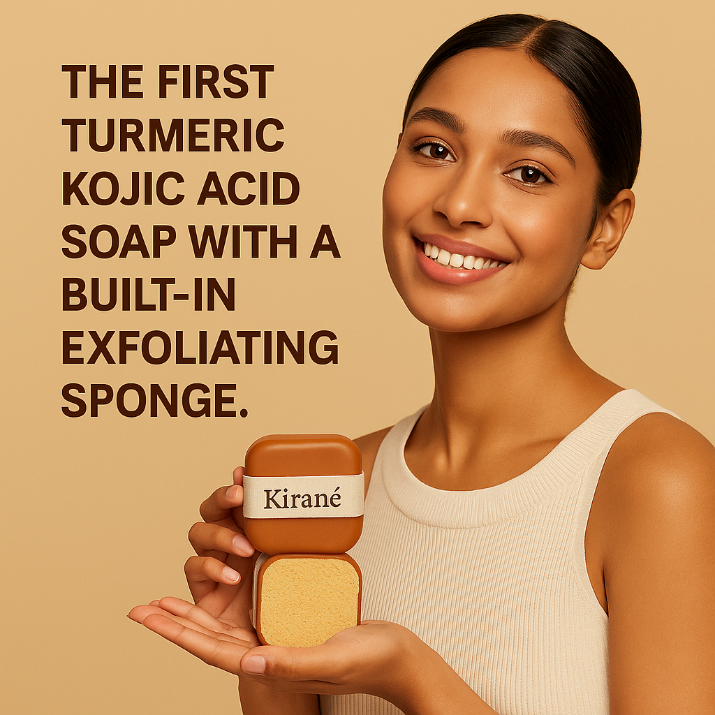 Kirane's Turmeric Kojic Acid & Shea Butter Brightening Soap with Built-In Exfoliating Sponge, Dark Spot Remover