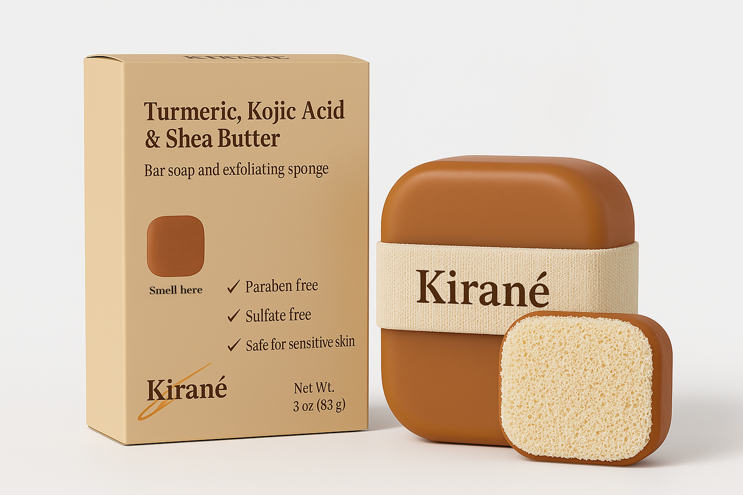 Kirane's Turmeric Kojic Acid & Shea Butter Brightening Soap with Built-In Exfoliating Sponge, Dark Spot Remover