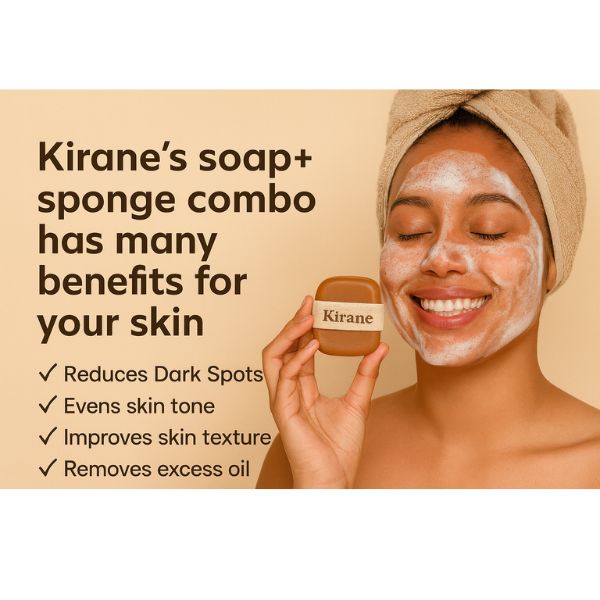 Kirane Turmeric Shea Butter & Kojic Acid Brightening Soap with Built-In Exfoliating Sponge, Dark Spot Remover