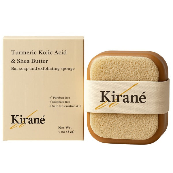 Kirane Turmeric Shea Butter & Kojic Acid Brightening Soap with Built-In Exfoliating Sponge, Dark Spot Remover